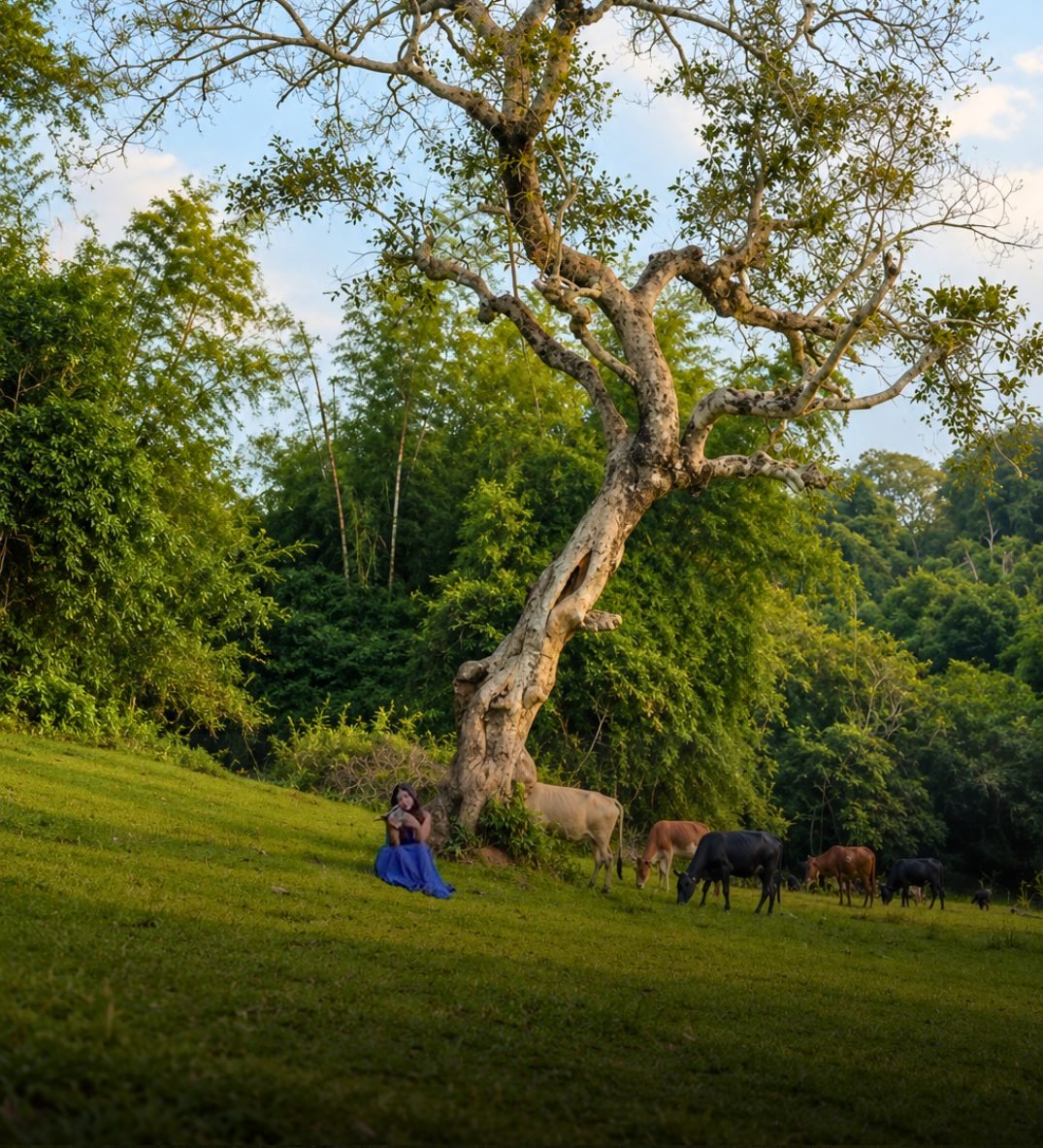 A guest reading under a large tree on the lawn with cattle grazing nearby